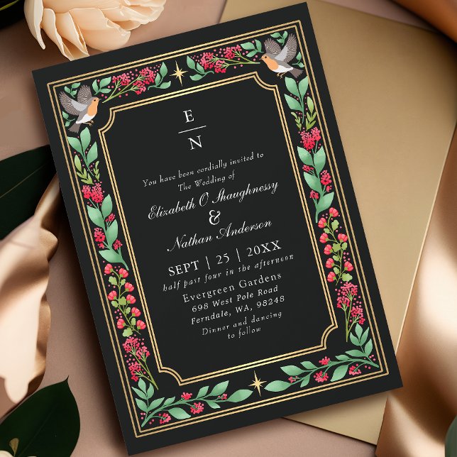 Black Enchanting Botanical Floral Garden Wedding Invitation (Creator Uploaded)