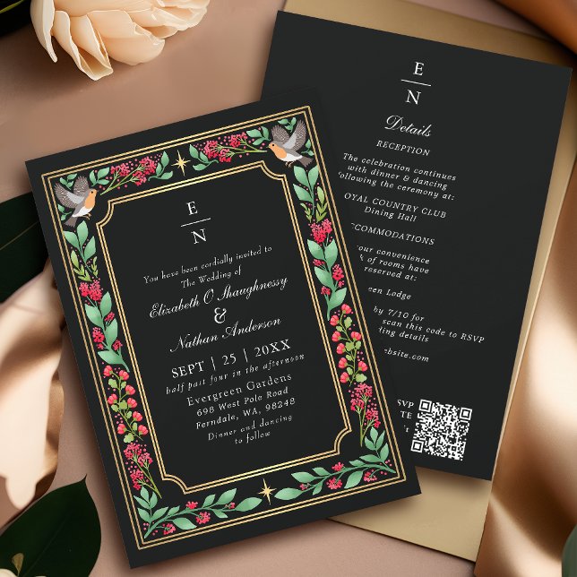 Black Enchanting Botanical Floral Wedding QR Code Invitation (Creator Uploaded)