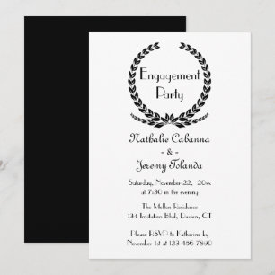 Black Engagement Party Laurel Leaf Wreath Floral Invitation