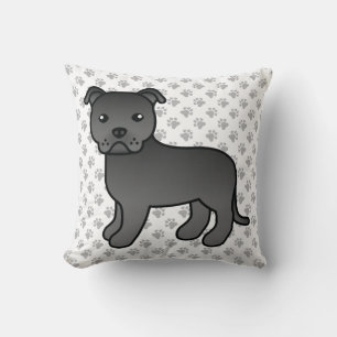 Black English Staffie Cute Cartoon Dog & Paws Cushion