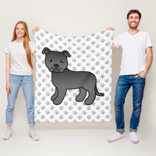 Black English Staffie Cute Cartoon Dog & Paws Fleece Blanket