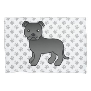 Black English Staffie Cute Cartoon Dog & Paws Pillowcase