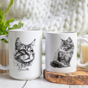 Black Engraved Cat Head Sketch Art Coffee Mug