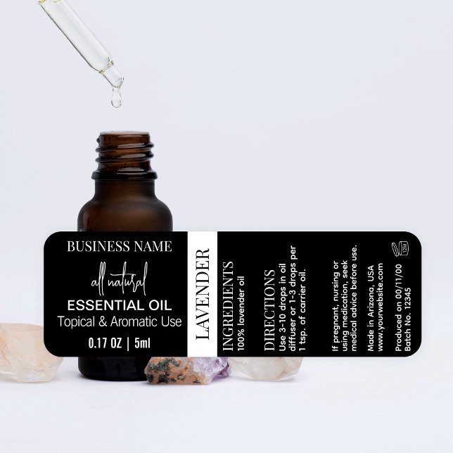 Black Essential Oil Bottle Wrapper Waterproof (Minimalist black essential oil waterproof label with space for your product details & ingredients)