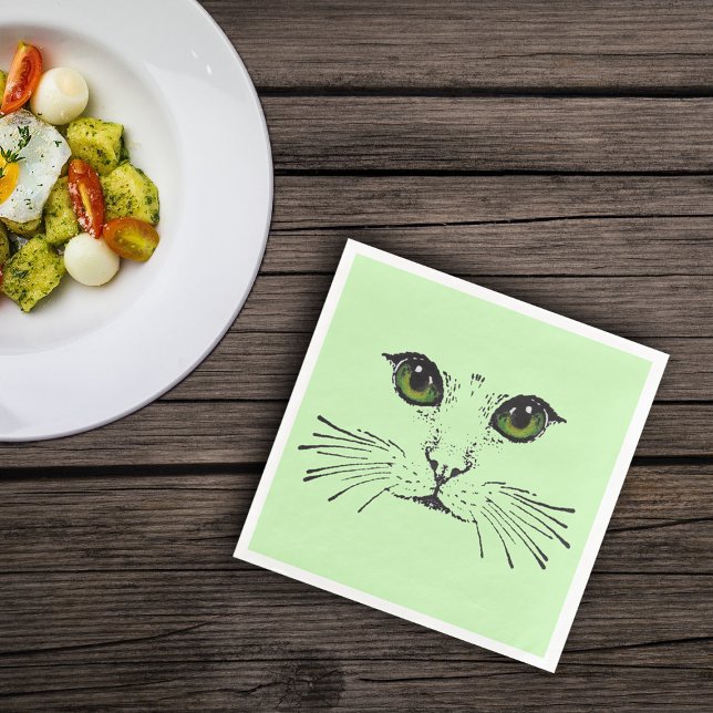 Black Etching of the Face of Cat Green Eyes Napkin (Cat face sketch in black with big green eyes and whiskers on light green paper napkins.)