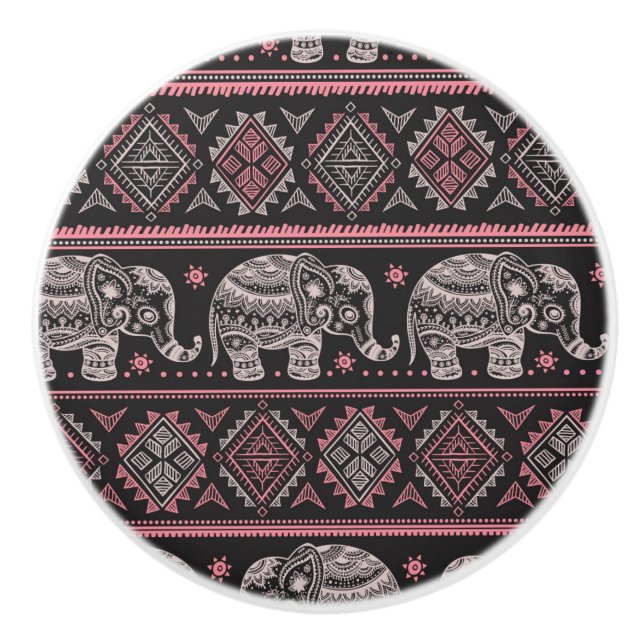 Black Ethnic Elephant Pattern Ceramic Knob (Front)