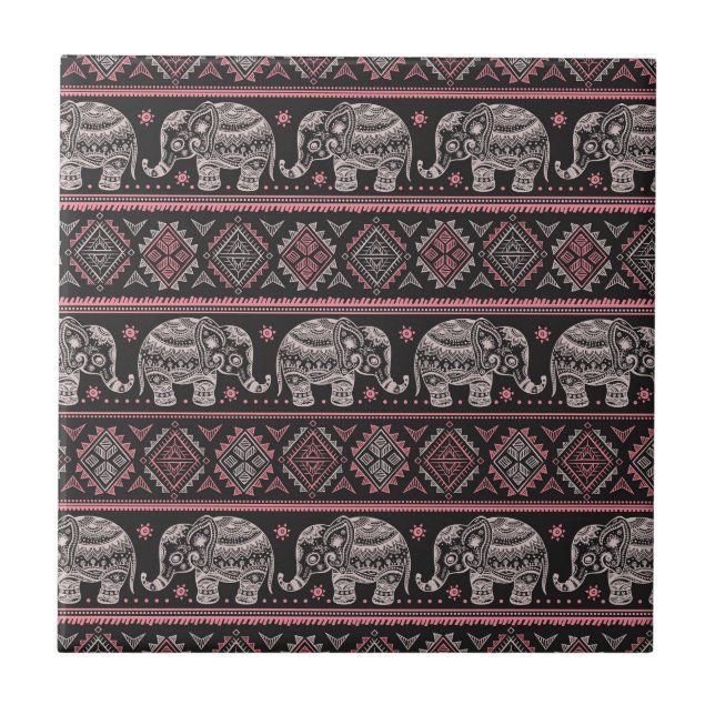 Black Ethnic Elephant Pattern Ceramic Tile (Front)
