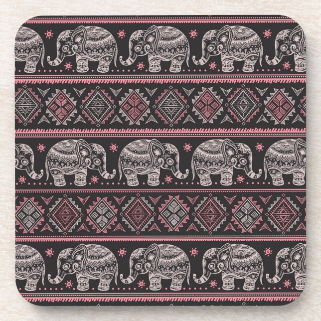 Black Ethnic Elephant Pattern Coaster (Front)