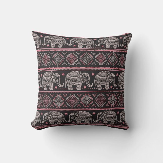 Black Ethnic Elephant Pattern Cushion (Front)
