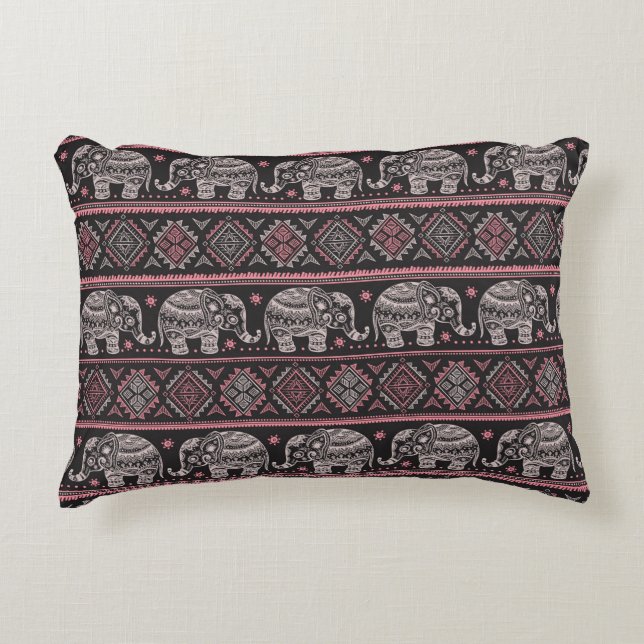 Black Ethnic Elephant Pattern Decorative Cushion (Front)