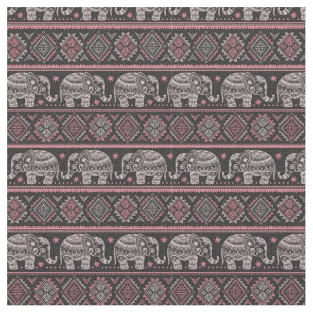 Black Ethnic Elephant Pattern Fabric (Close Up)