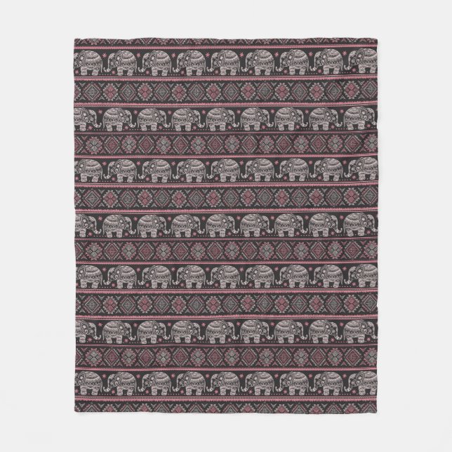Black Ethnic Elephant Pattern Fleece Blanket (Front)