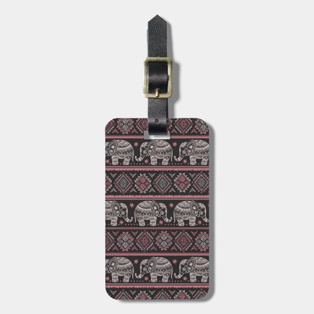 Black Ethnic Elephant Pattern Luggage Tag (Front Vertical)