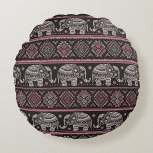 Black Ethnic Elephant Pattern Round Cushion