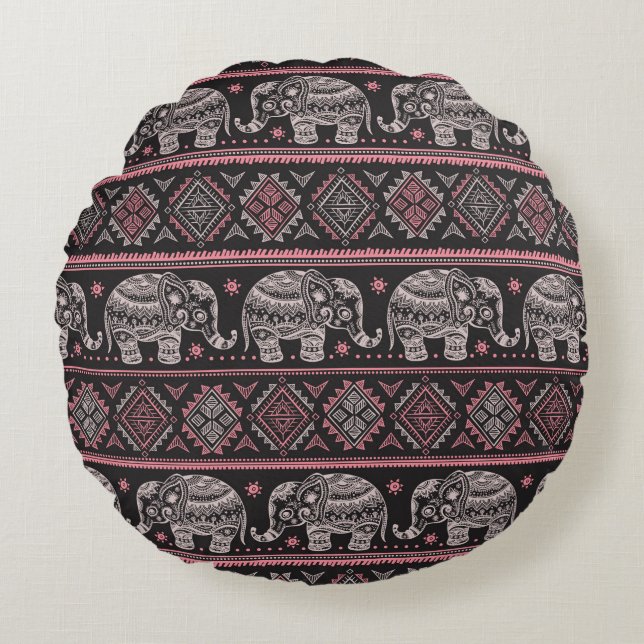 Black Ethnic Elephant Pattern Round Cushion (Front)