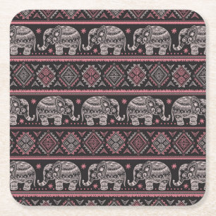 Black Ethnic Elephant Pattern Square Paper Coaster