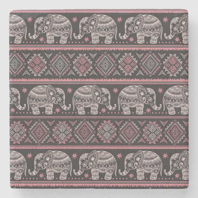 Black Ethnic Elephant Pattern Stone Coaster (Front)