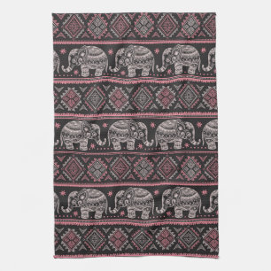 Black Ethnic Elephant Pattern Tea Towel