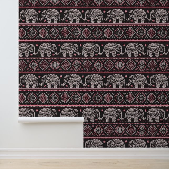 Black Ethnic Elephant Pattern Wallpaper (Application)