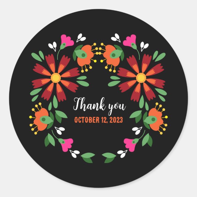 Black Ethnic Flower Fiesta Mexican Embroidery  Classic Round Sticker (Front)