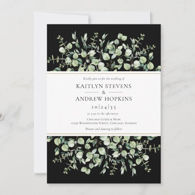 Black Eucalyptus All In One Wedding Invitation (Front)