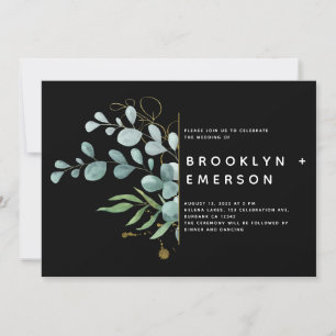 Black Eucalyptus Gold Foil Modern Wedding Invitation
