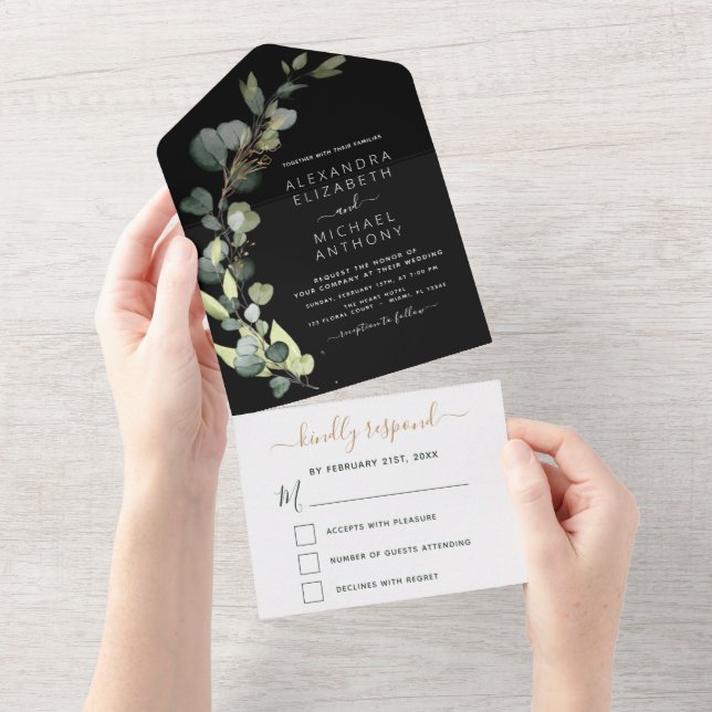 Black Eucalyptus Greenery Wedding Elegant Modern All In One Invitation (Tearaway)