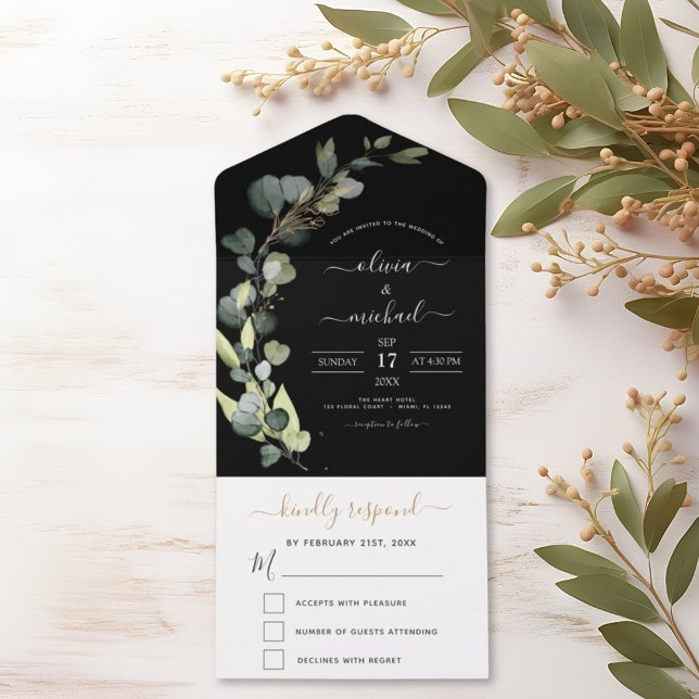 Black Eucalyptus Greenery Wedding Elegant Modern All In One Invitation (Creator Uploaded)
