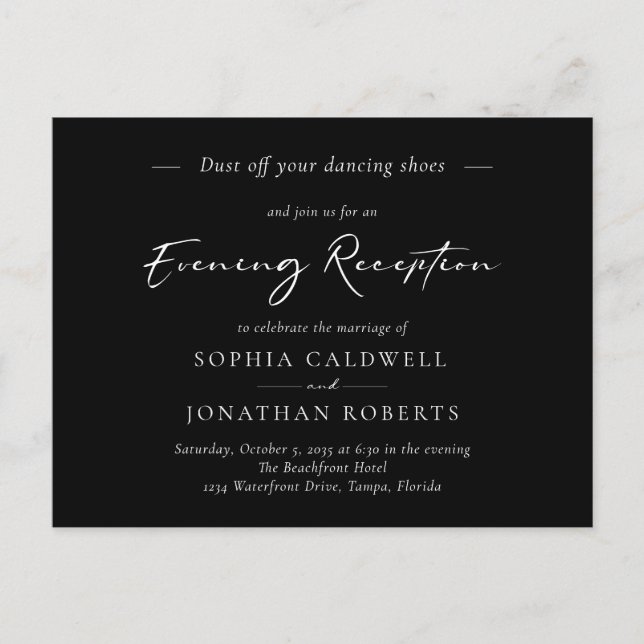Black Evening Wedding Reception Invitation Postcard (Front)