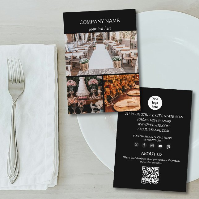 Black Event Planning Business 3 Photos QR Code   Card (Black Event Planning Business 3 Photos QR Code Business Card)