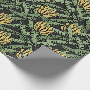 Black Exotic Yellow Bananas and Leaves Wrapping Paper