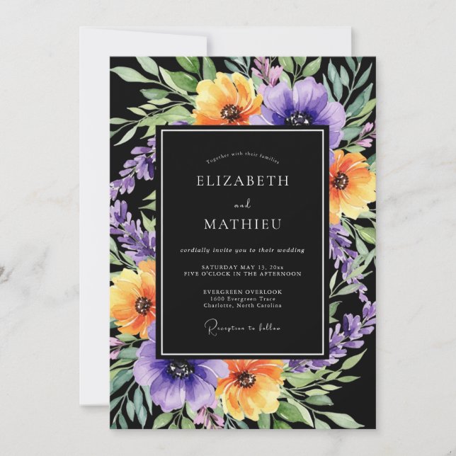Black Exquisite Botanical Autumnal Wedding Invitation (Front)