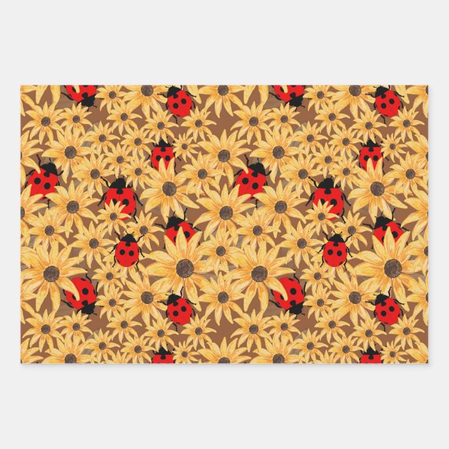 Black-Eyed Susan And Ladybugs Seamless Pattern Wrapping Paper Sheet (Front)