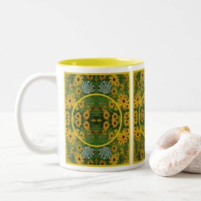 Black Eyed Susan Daisy Painting Add Your Photo Two-Tone Coffee Mug (With Donut)