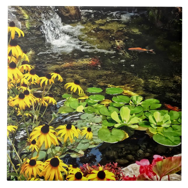 Black-Eyed Susans By Koi Pond Ceramic Tile (Front)