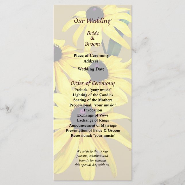 Black Eyed Susansin a Row Wedding Program (Front)