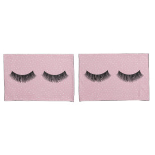 Black Eyelashes On Pink and White Pin Dot Pattern Pillowcase