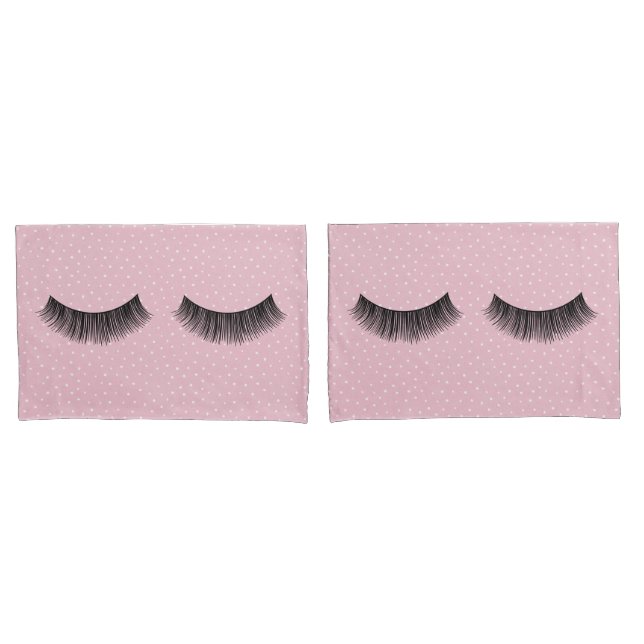 Black Eyelashes On Pink and White Pin Dot Pattern Pillowcase (Front-Set)