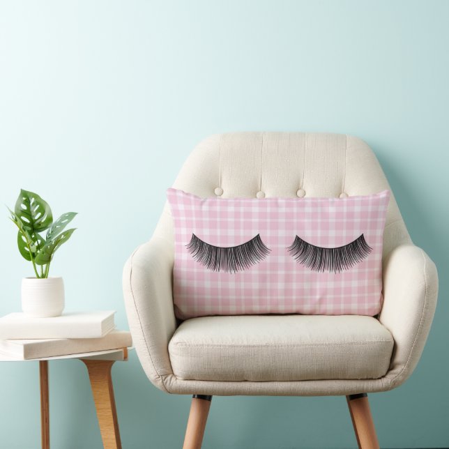 Black Eyelashes On Pink Plaid Lumbar Cushion (Chair)
