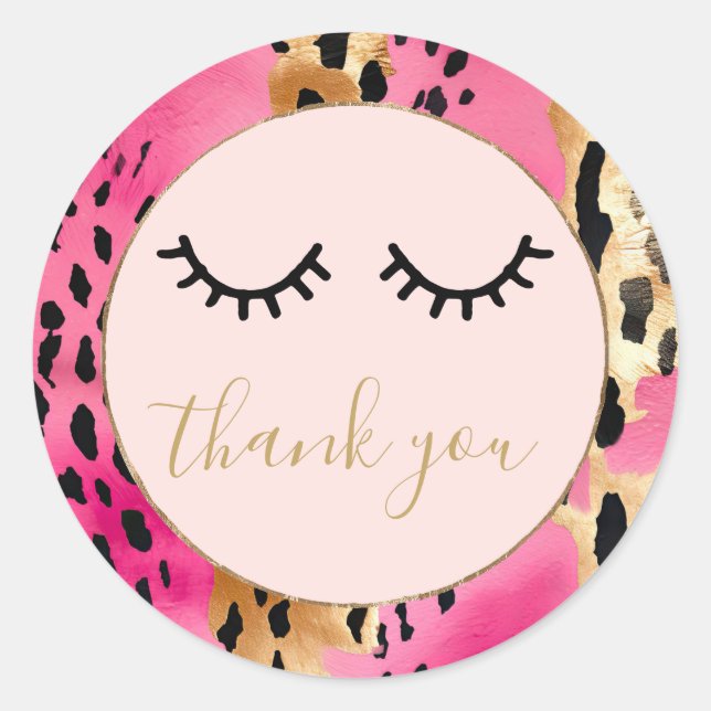 Black Eyelashes Pink Gold Leopard Thank you Classic Round Sticker (Front)