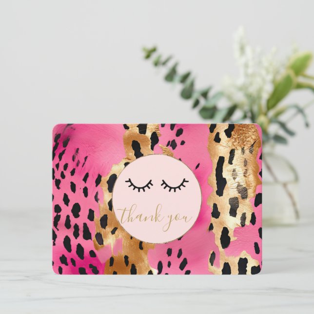 Black Eyelashes Pink Gold Leopard Thank you Enclosure Card (Standing Front)