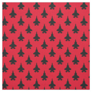 Black F-35 Lightning Fighter Jet Pattern on Red Fabric