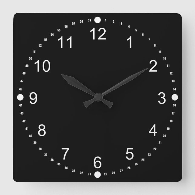 Black Face - White Numbers Square Wall Clock (Front)