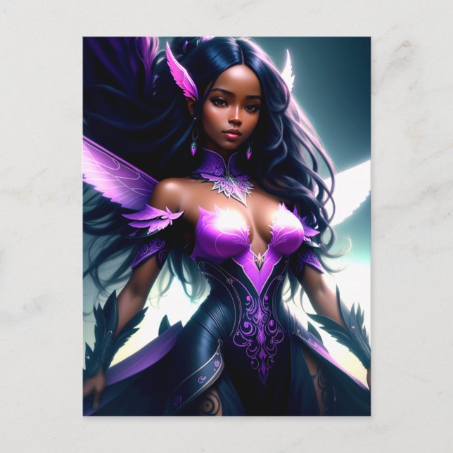 Black Fairy Girl With Purple Wings Superhero Postcard (Front)