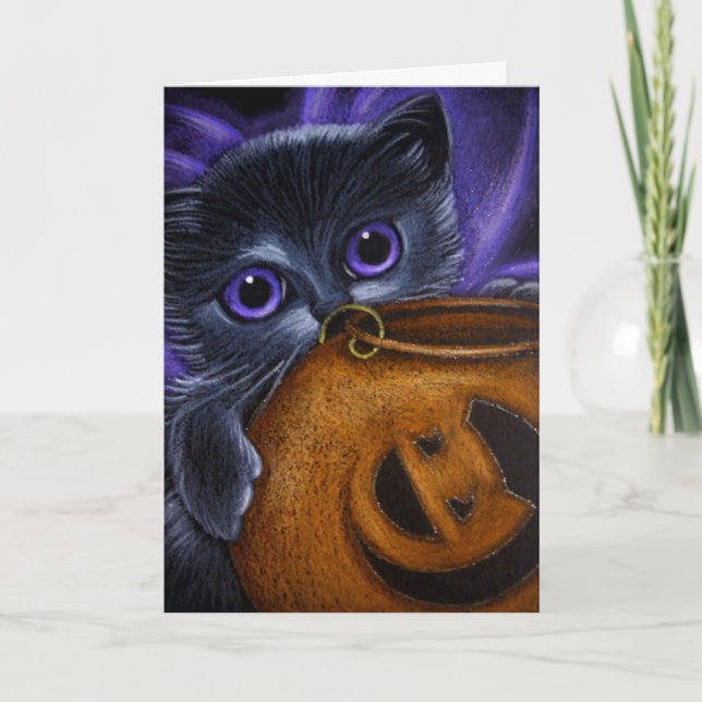 BLACK FAIRY KITTEN CAT HALLOWEEN PUMPKIN BASKET CARD (Front)