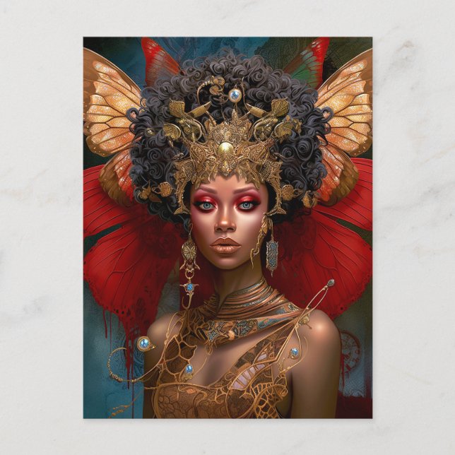 Black Fairy Queen Red Gold Fairy Fantasy Art Postcard (Front)