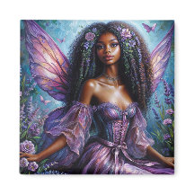 Black Fairy With Purple Wings and Flowers