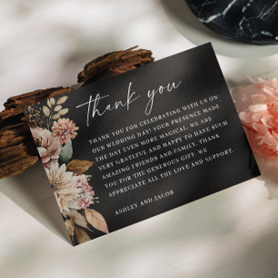 Black fall blossom flowers. Boho floral wedding Thank You Card