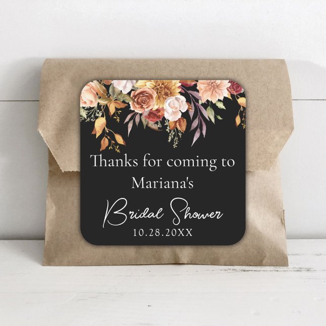 Black Fall Floral Bridal Shower Favours Square Sticker (Creator Uploaded)