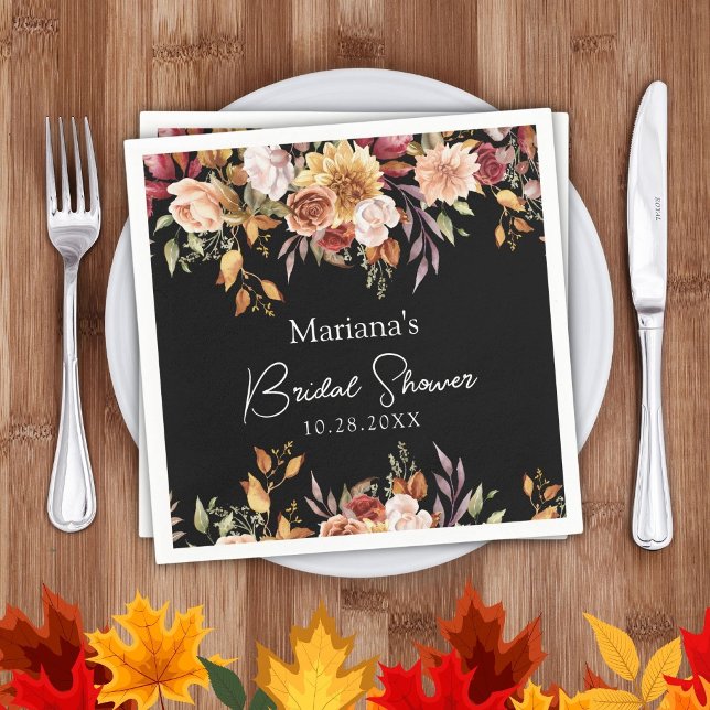 Black Fall Floral Bridal Shower Napkin (Creator Uploaded)